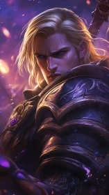 Starlit knight with violet gaze holding midnight armor.