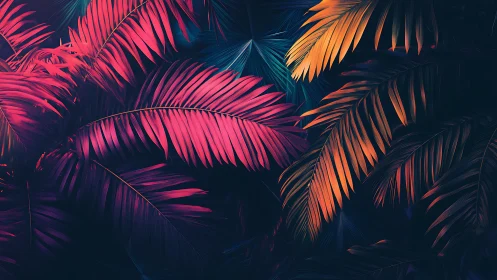 Neon tropical palm leaves over deep midnight background.