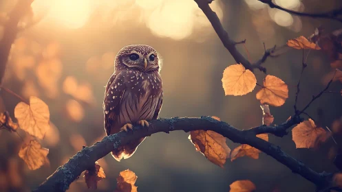 Spotted owl perched on autumn branch in soft golden sunlight.