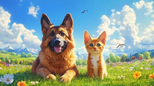 Corgi and Ginger Kitten in Alpine Meadow Landscape Composite