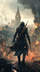 Hooded blade-walker strides into a cathedral of smoke.