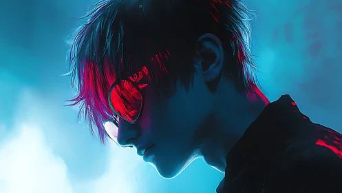 Profile portrait of figure in neon cyan and red side lighting