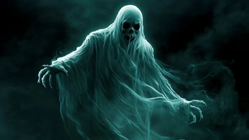 Spectral wraith emerging in eerie teal ghostly haze.