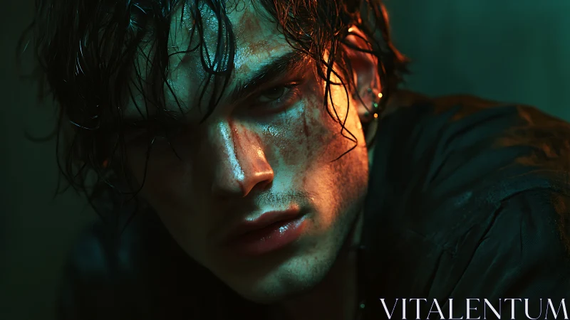 Cinematic closeup portrait under teal and amber rim lighting