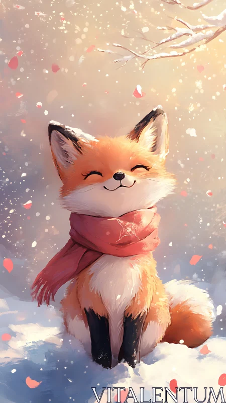 Cozy fox in a pink scarf basking in gentle winter light.
