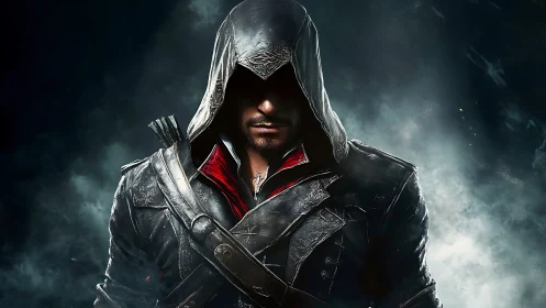 Hooded rogue in dark leather armor amid drifting smoke.