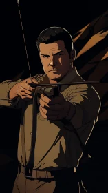 Calm marksman draws his bow in bold graphic shadows.