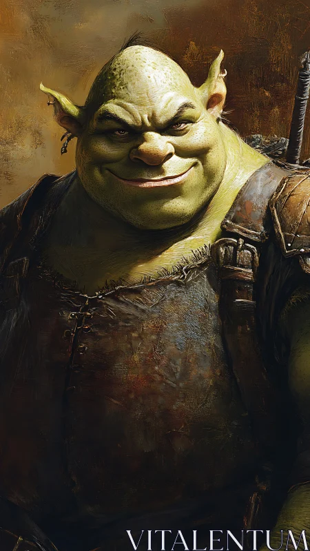 Grinning green ogre stands ready in worn leather armor