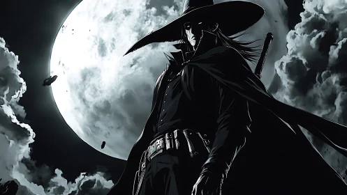 Moonlit anime gunslinger silhouette under looming full moon.
