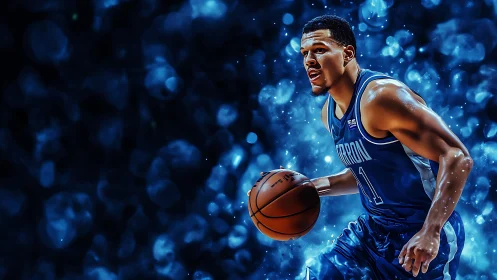 Digital rendering shows basketball player dribbling rightward