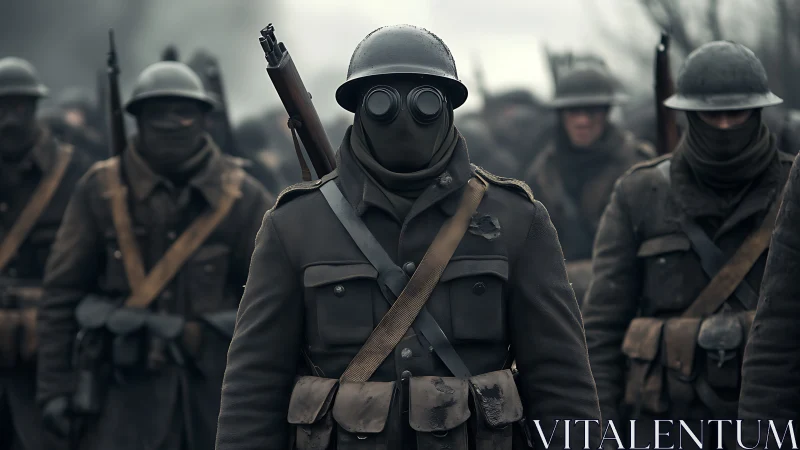 Gas-masked soldiers advance through bleak winter battlefield.