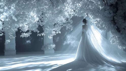 Bride stands in ethereal white blossom archway of light