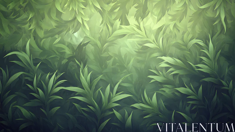 Soft green jungle leaves merge into a tranquil abstract haze