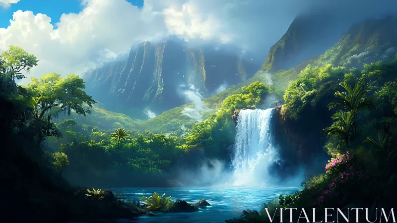 Emerald canyon waterfall singing beneath cloudlit peaks.