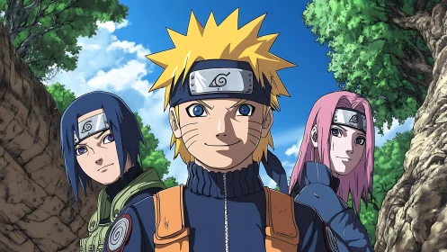 Three young ninja stand in wooded ravine under clear sky
