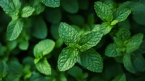 Fresh mint leaves glow in soft natural garden light.