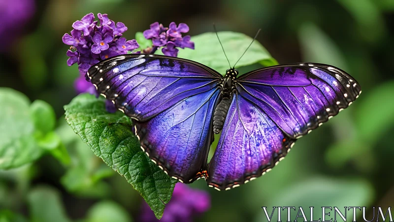 Purple butterfly on green foliage with clustered flowers.