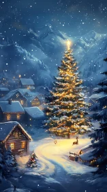 Snow-covered village square with illuminated conifer tree.