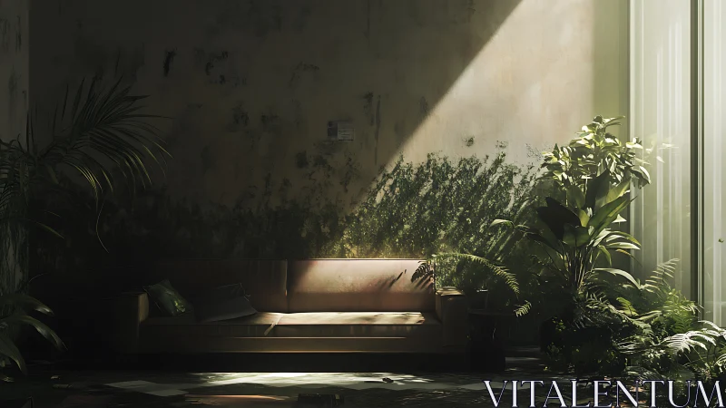 Digital painting of sunlit mossy sofa in overgrown interior.
