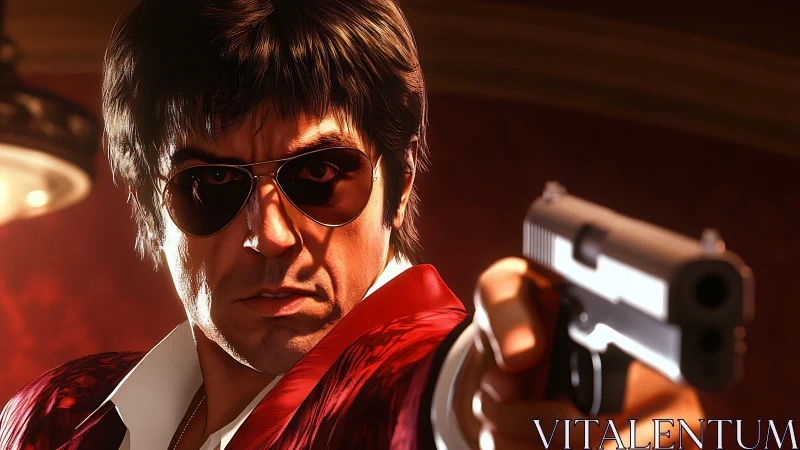 Cinematic digital gunman rendered with tense frontal perspective.