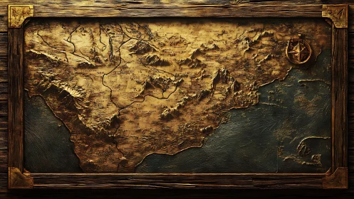 Antique fantasy wall map glows with rich carved terrain detail