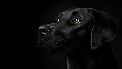 Low key profile portrait of glossy black dog on black background.
