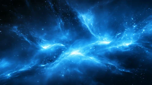 Electric blue nebula streams across deep starfield.
