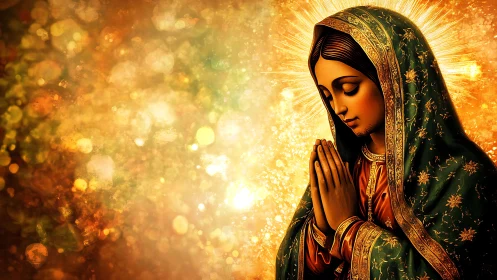 Luminous devotional portrait with radiant bokeh halo field.