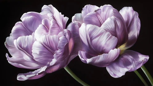 Lavender Dreams: Two Opulent Tulips Unfurl Against Midnight