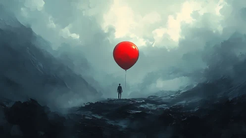 Solitary dreamer beneath a bold red balloon skyward bound.