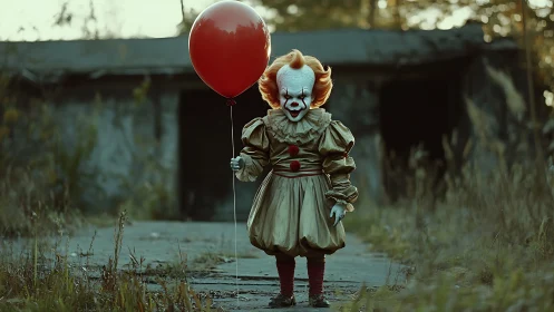 Crimson balloon clown haunts an overgrown forgotten pathway.