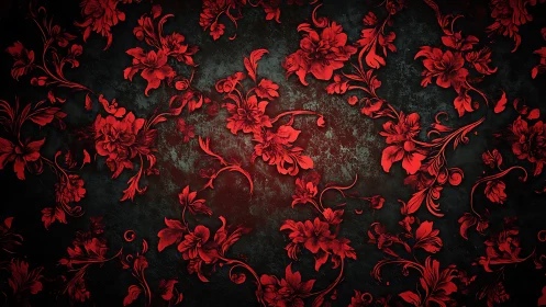 Crimson floral damask pattern over distressed dark ground.