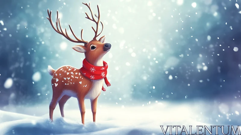 Snowy woodland fawn in red scarf, softly glowing scene.