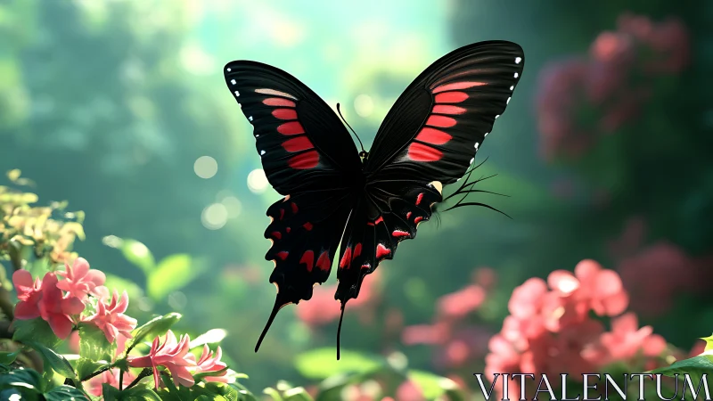 Black swallowtail butterfly glows over lush pink garden.
