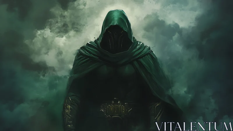 Hooded armored figure emerges from swirling emerald fog