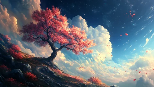 Pink blossom tree leans over rocky slope beneath bright sky