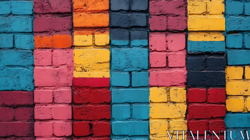 Color-blocked brick wall shows bold vertical geometric bands