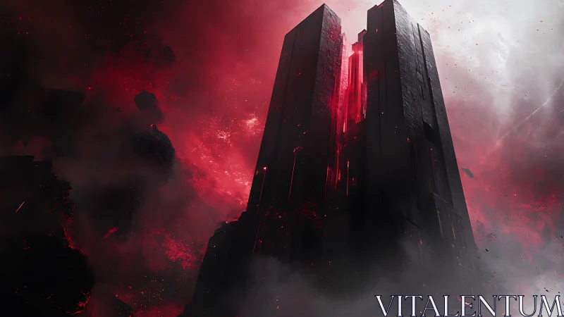 Towering obsidian monolith splits open with crimson light.
