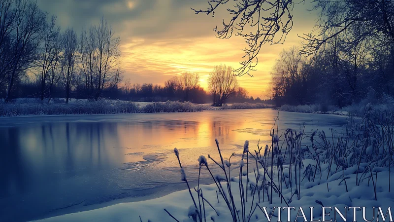Frozen river at winter sunset rendered in soft photoreal detail