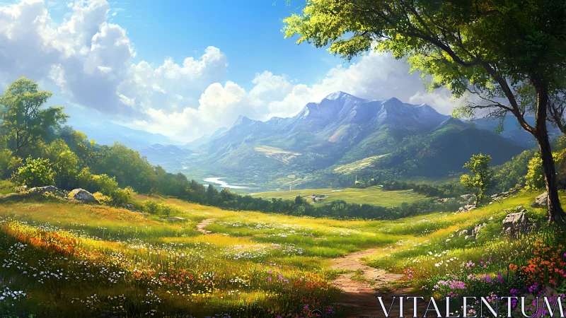 Sunlit mountain meadow path inviting a peaceful wander.