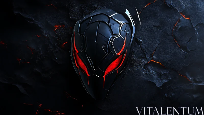 Metallic mask with red visor on cracked dark surface.