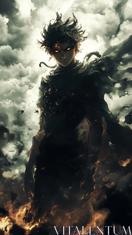 Stormlit shadow hero rising from swirling fire and cloud.