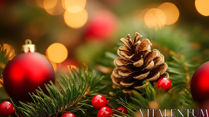 Pine cone and ornaments on evergreen branch with lights.