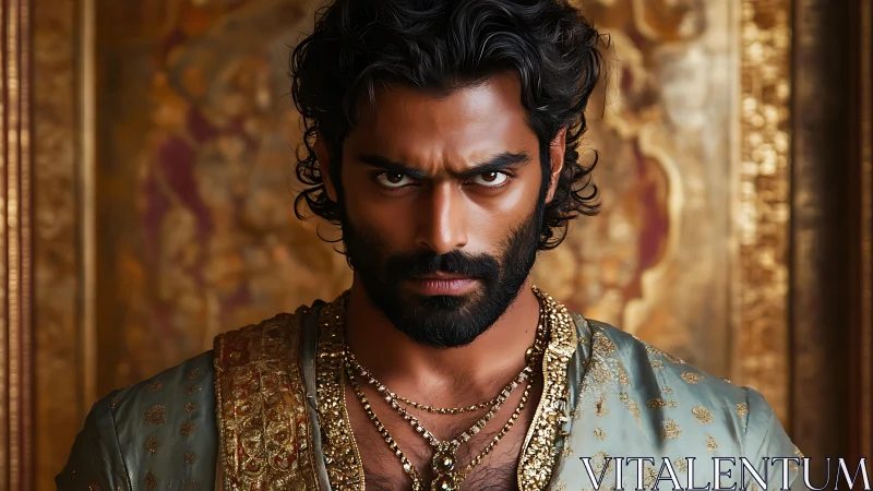 Intense royal gaze in gilded light and embroidered silk.