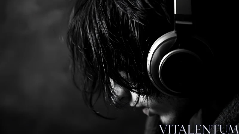 Quiet echoes in headphones and shadowed strands of hair.