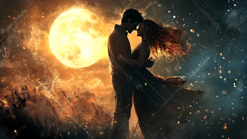 Couple kissing against massive glowing moon with particle effects.
