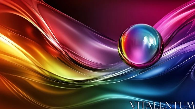 Spherical glass object on multicolored flowing abstract waves.