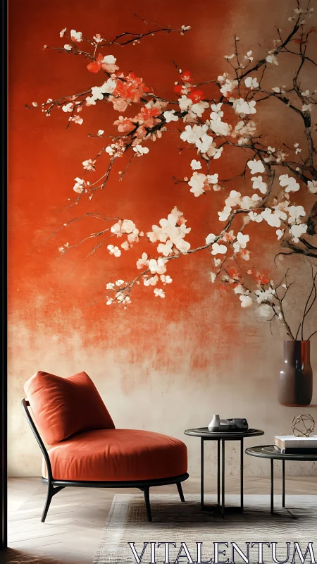 Lounge chair rests under mural of white blossoms on orange wall