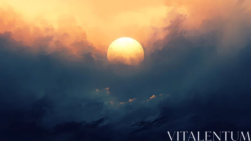 Sun glowing through dense clouds in a dramatic sky.