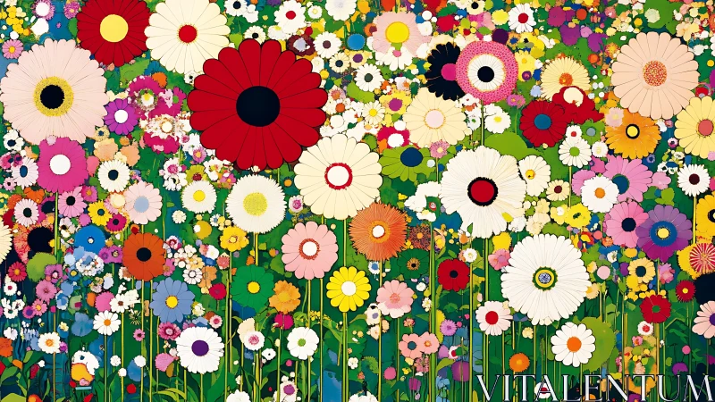 Dense digital field of stylized multicolored daisy flowers.